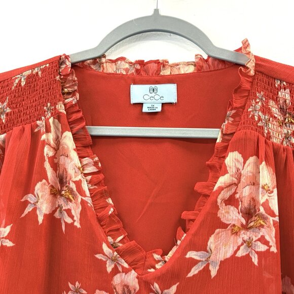 CeCe Womens Red Blouse Ruffled Neck Short Flutter Sleeve Size 1X Lined Feminine - Picture 4 of 10